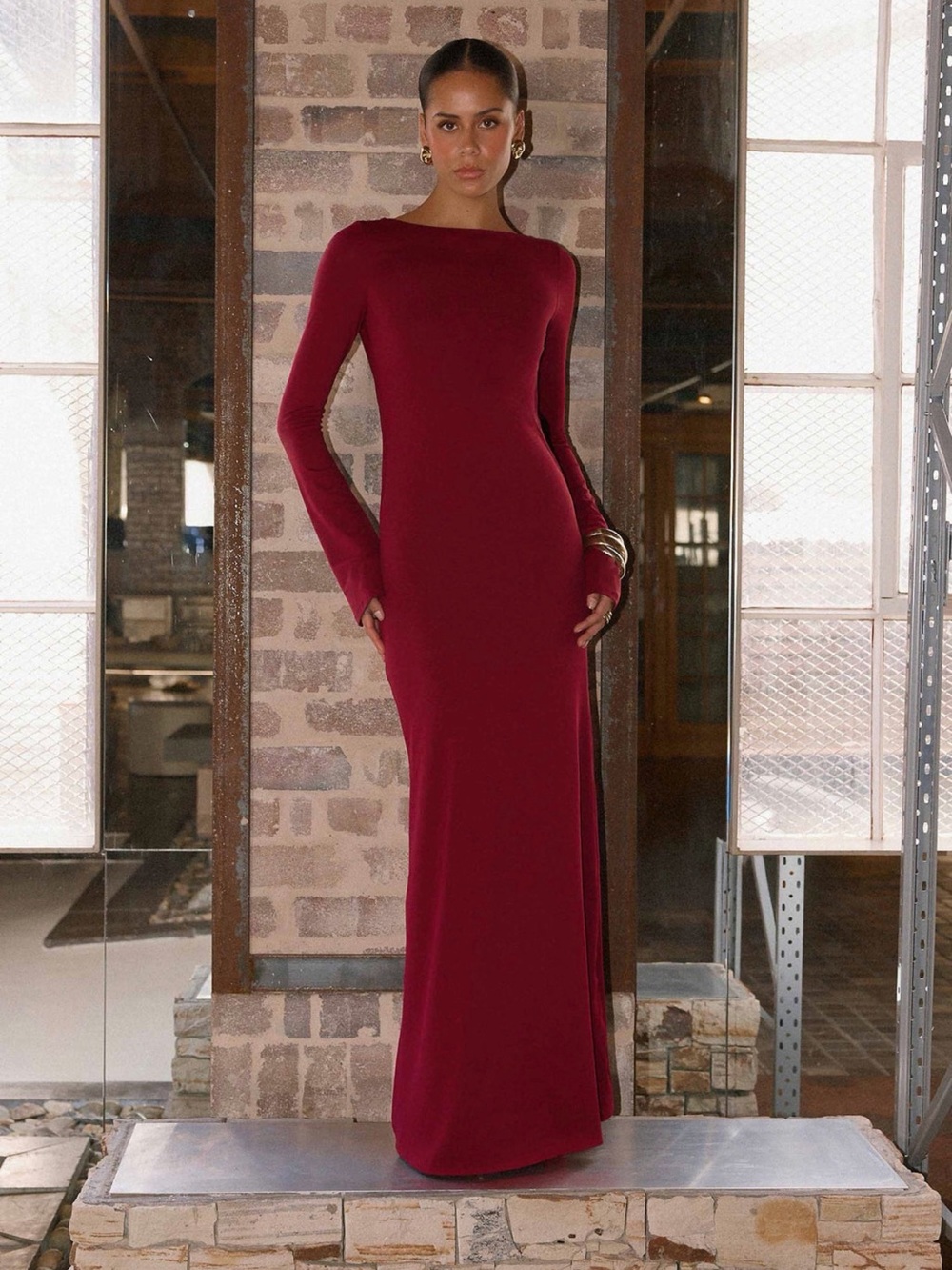 NWT Peppermayo Long-Sleeve Maxi Dress in Wine Red Open Back Size 4